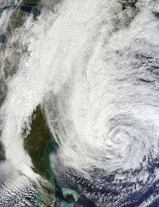 Hurricane Sandy is just one example of those massive storms likely caused as a result of climate change. (Credit: Wikimedia Commons/NASA)